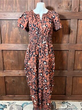 Anthropologie Rust Leopard-Print Tiered Maxi Dress